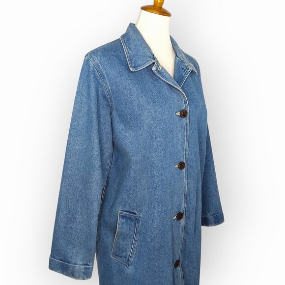 Denim & Co Long Blue Denim Jacket Chore Barn Duster Size Medium Button Front - Picture 5 of 14